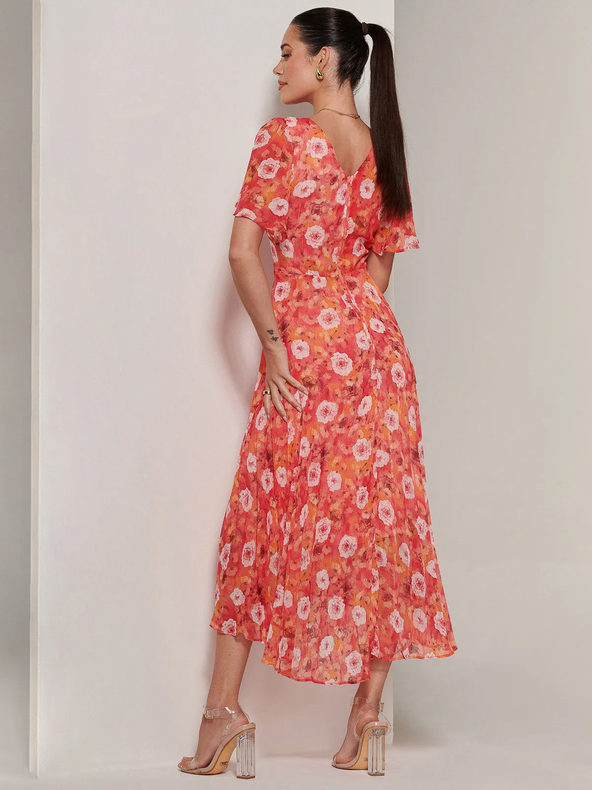 Floral Pleated Chiffon Dip Hem Dress, Orange Multi
