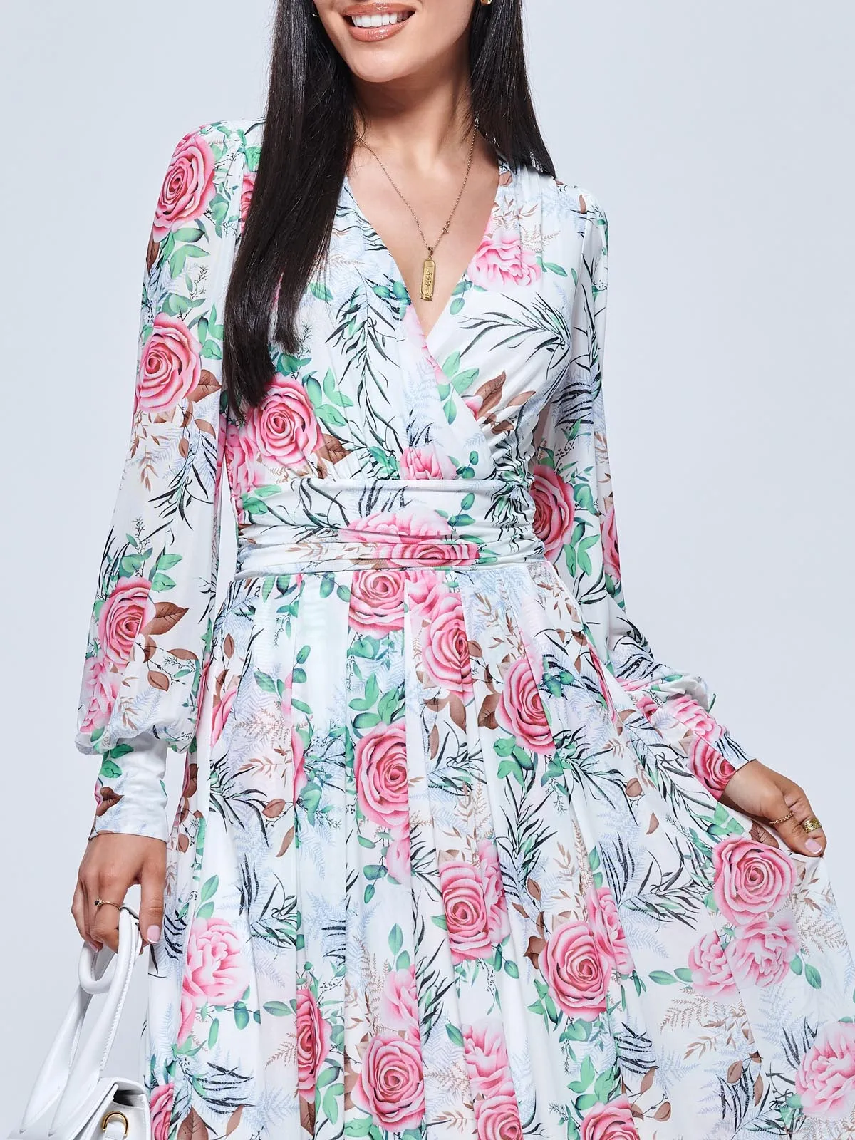 Floral Print Long Sleeve Mesh Midi Dress, White Floral