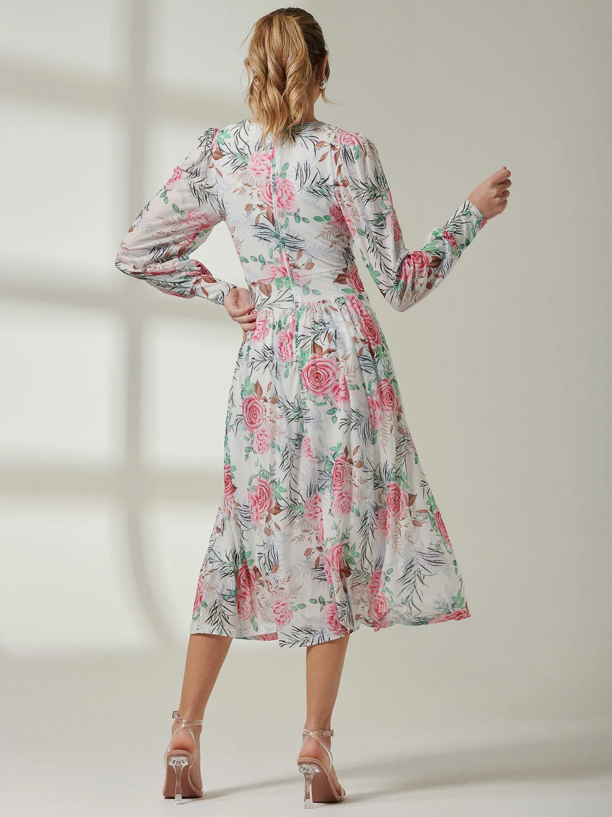 Floral Print Long Sleeve Mesh Midi Dress, White Floral