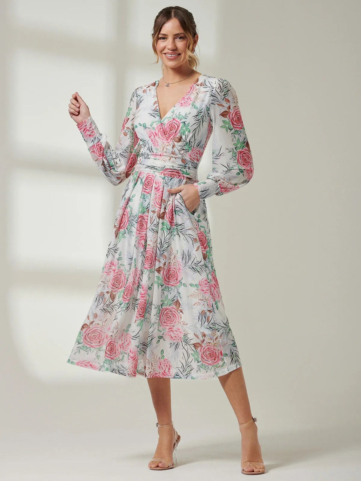 Floral Print Long Sleeve Mesh Midi Dress, White Floral