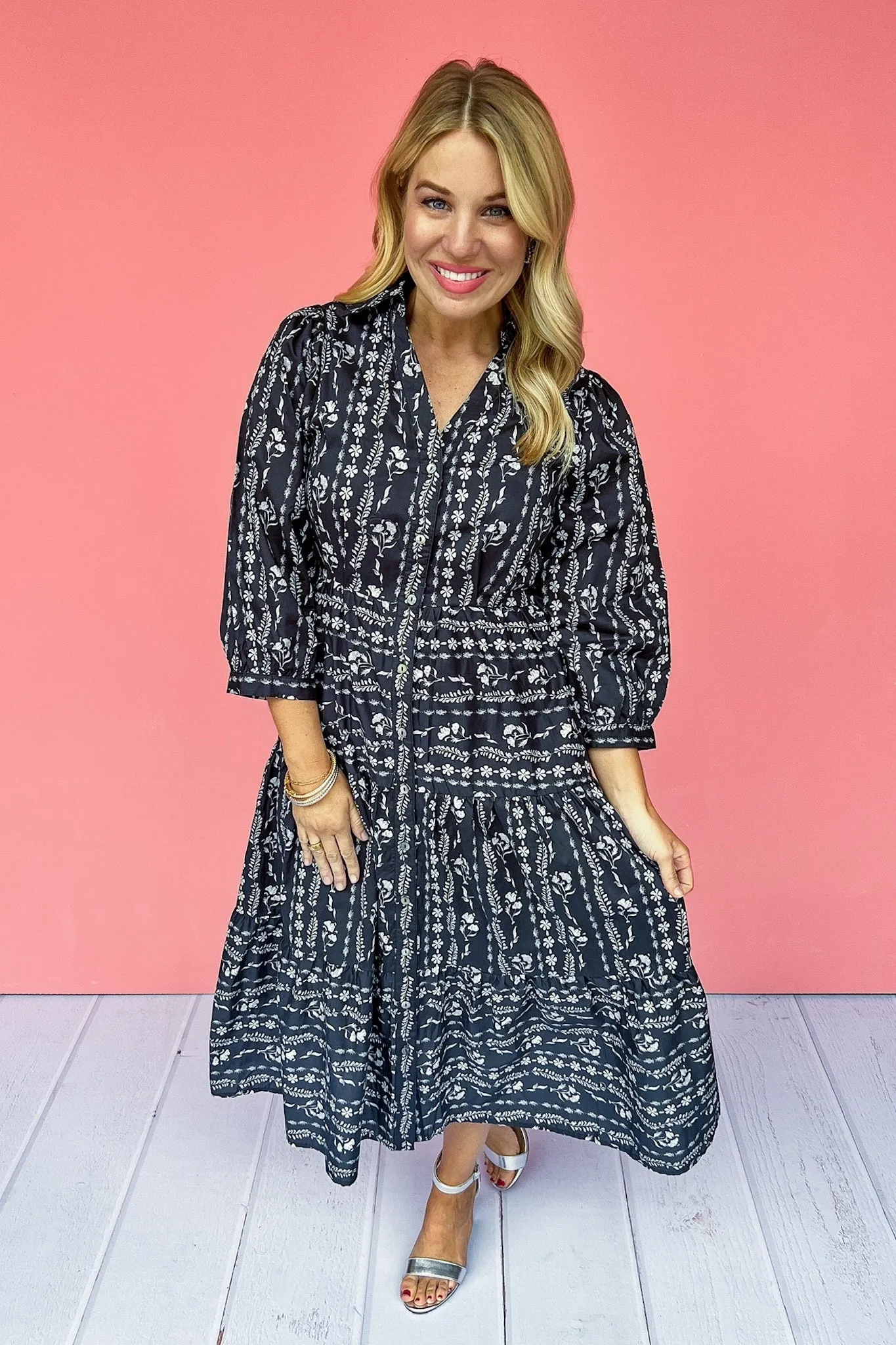 Floral Stripe Navy Poplin Button Down Tiered Midi Dress