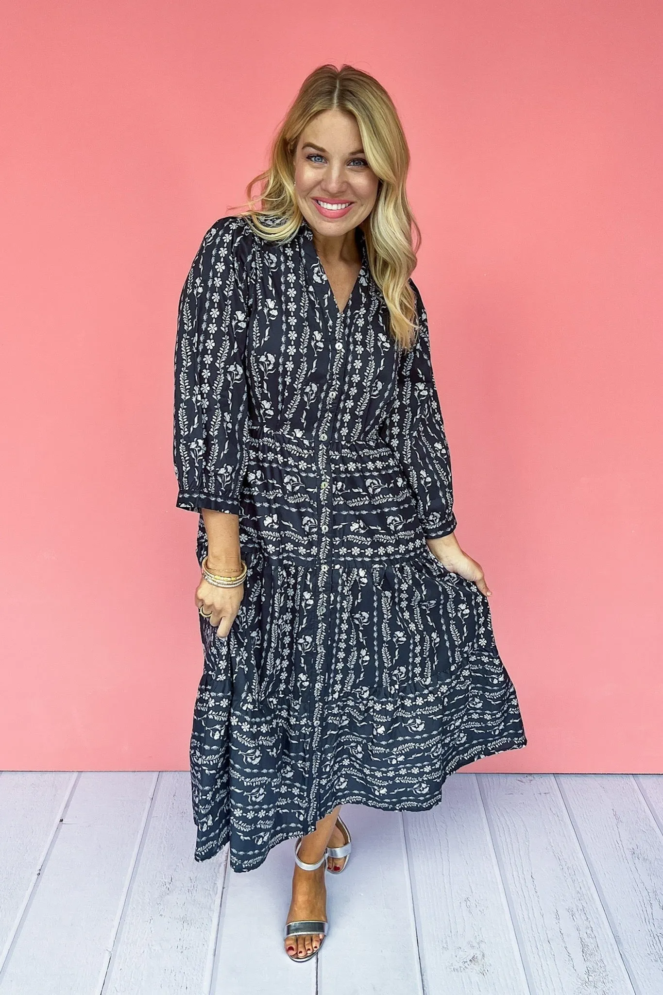 Floral Stripe Navy Poplin Button Down Tiered Midi Dress