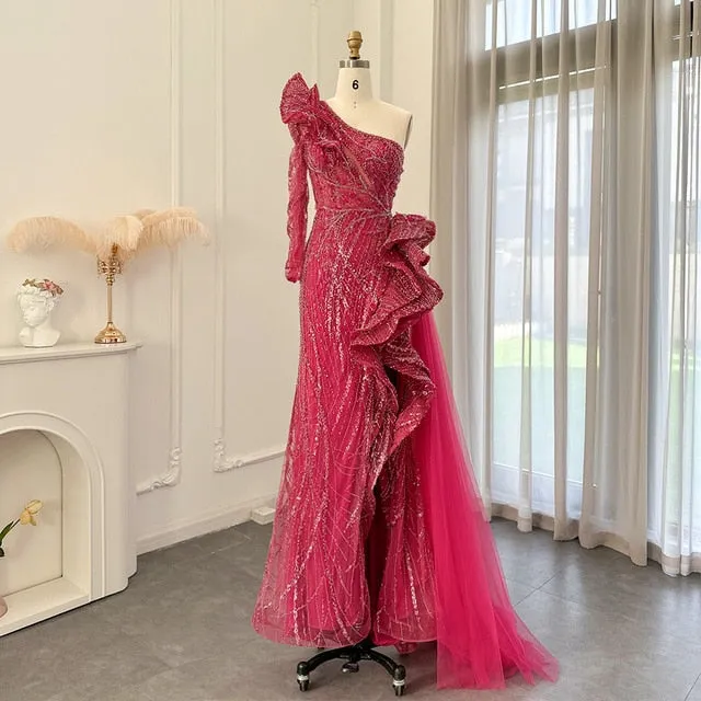 For Sale Fuchsia One Shoulder Slit Evening Dress SS360