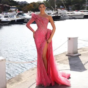 For Sale Fuchsia One Shoulder Slit Evening Dress SS360