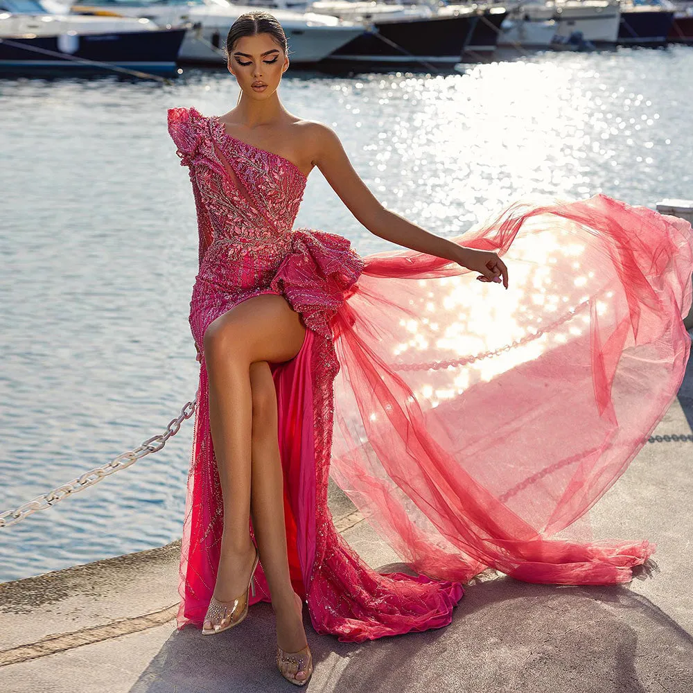 For Sale Fuchsia One Shoulder Slit Evening Dress SS360