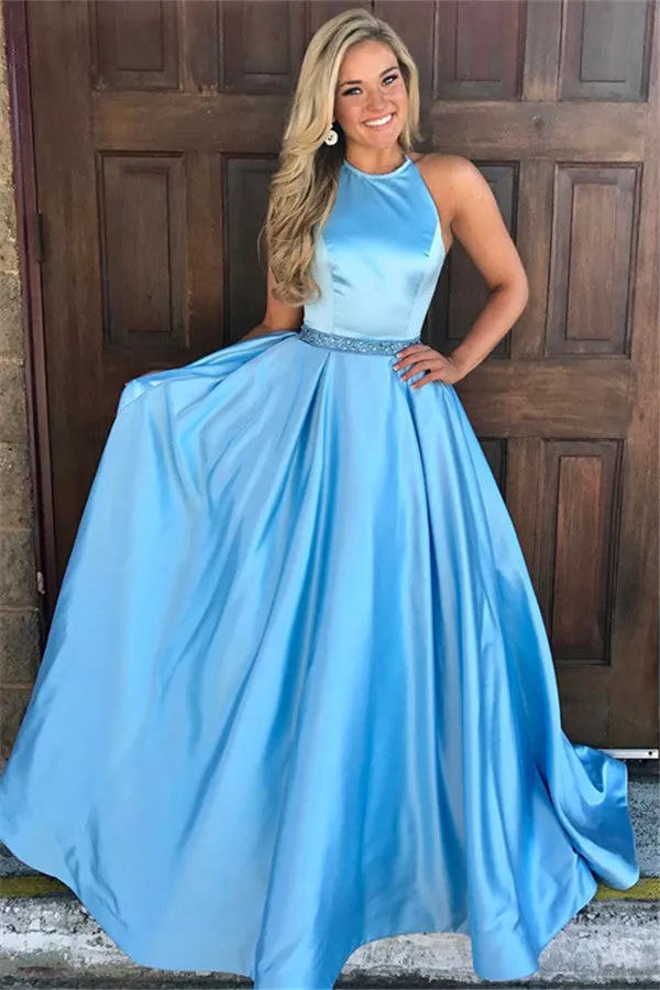 Graceful Long A-line Jewel Satin Blue Prom Dress
