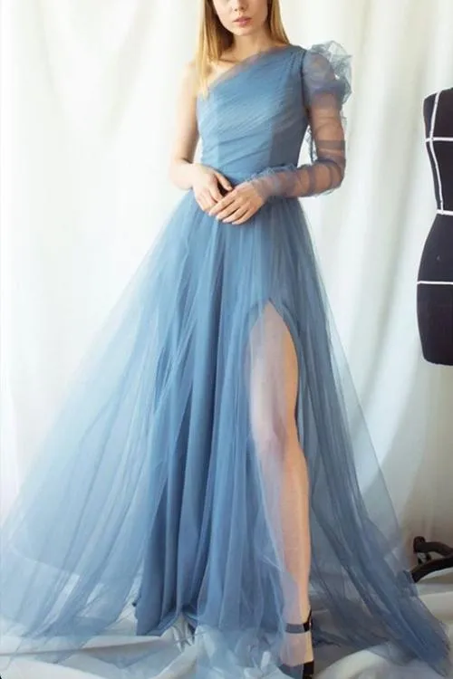 Green Slit Side See-Through One Sleeve Prom Dress ZL3395