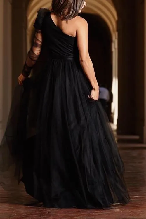 Green Slit Side See-Through One Sleeve Prom Dress ZL3395