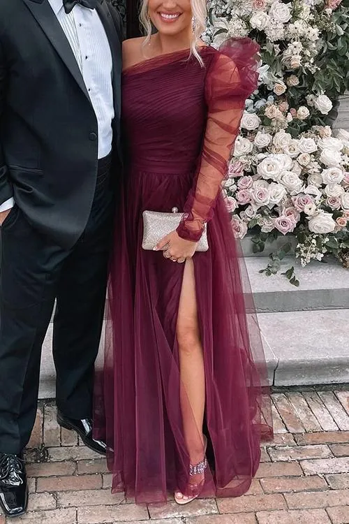 Green Slit Side See-Through One Sleeve Prom Dress ZL3395