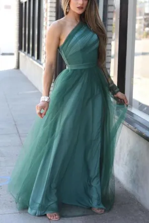 Green Slit Side See-Through One Sleeve Prom Dress ZL3395