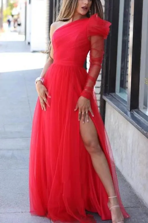 Green Slit Side See-Through One Sleeve Prom Dress ZL3395