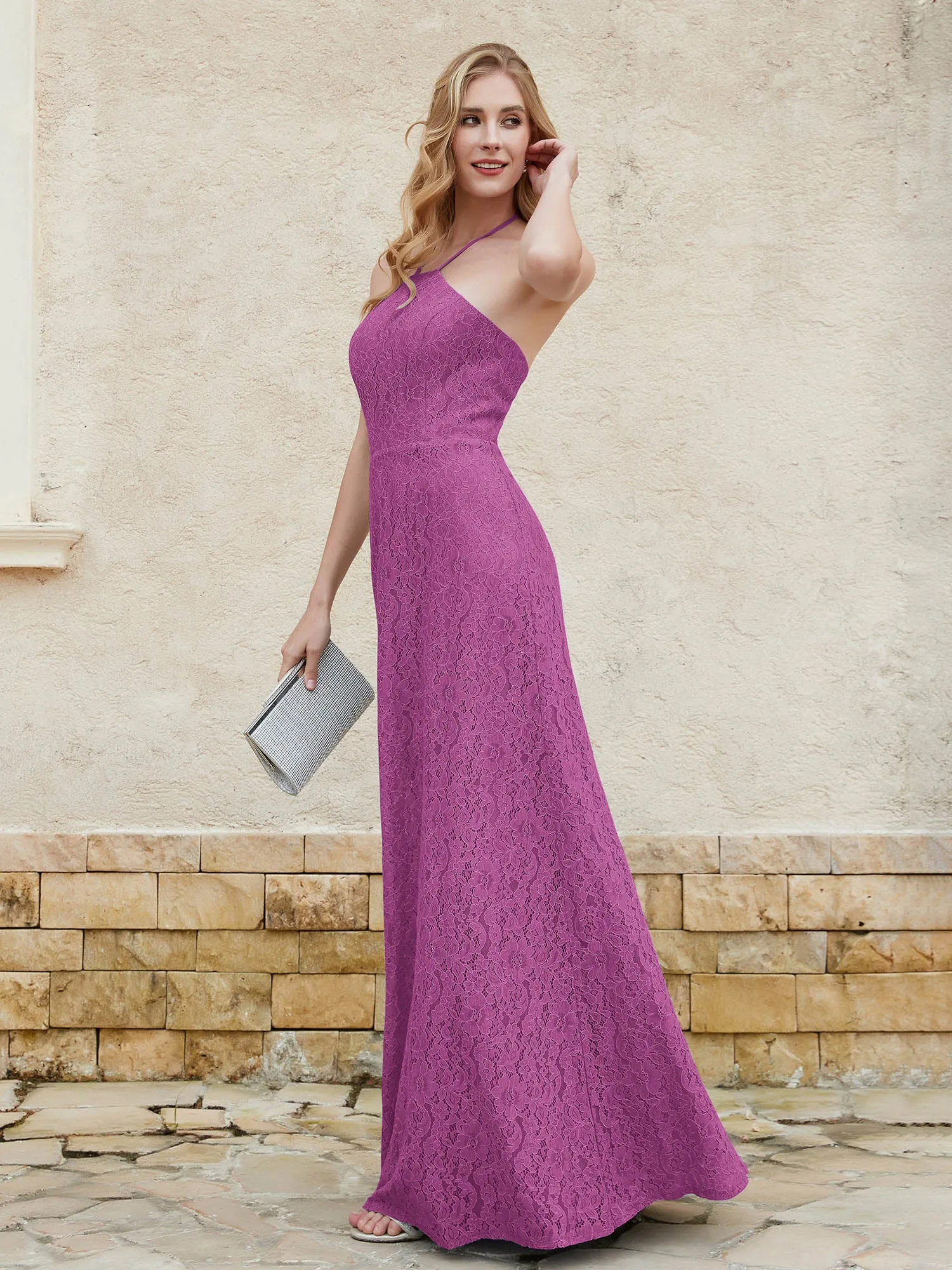 Halter Neck Sheath Lace Gown Orchid Plus Size