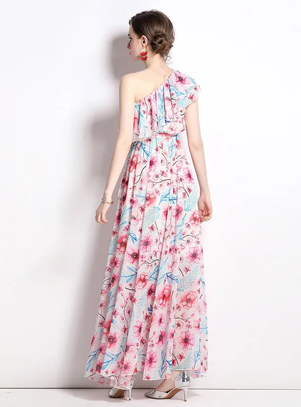 Holiday One-shoulder Flounce Print Dress