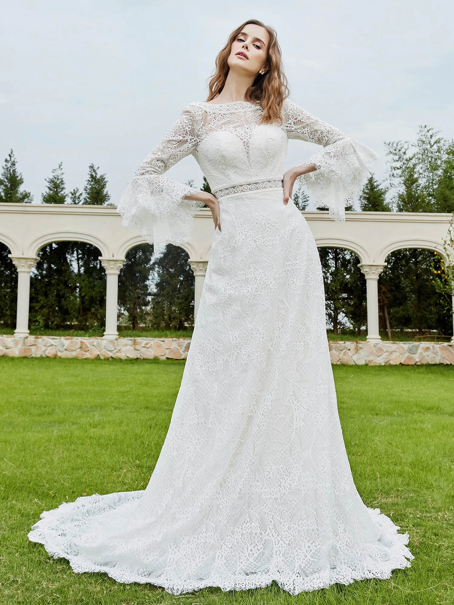 Illusion Neckline 3/4 Sleeves Lace A-line Wedding Dress-Champagne