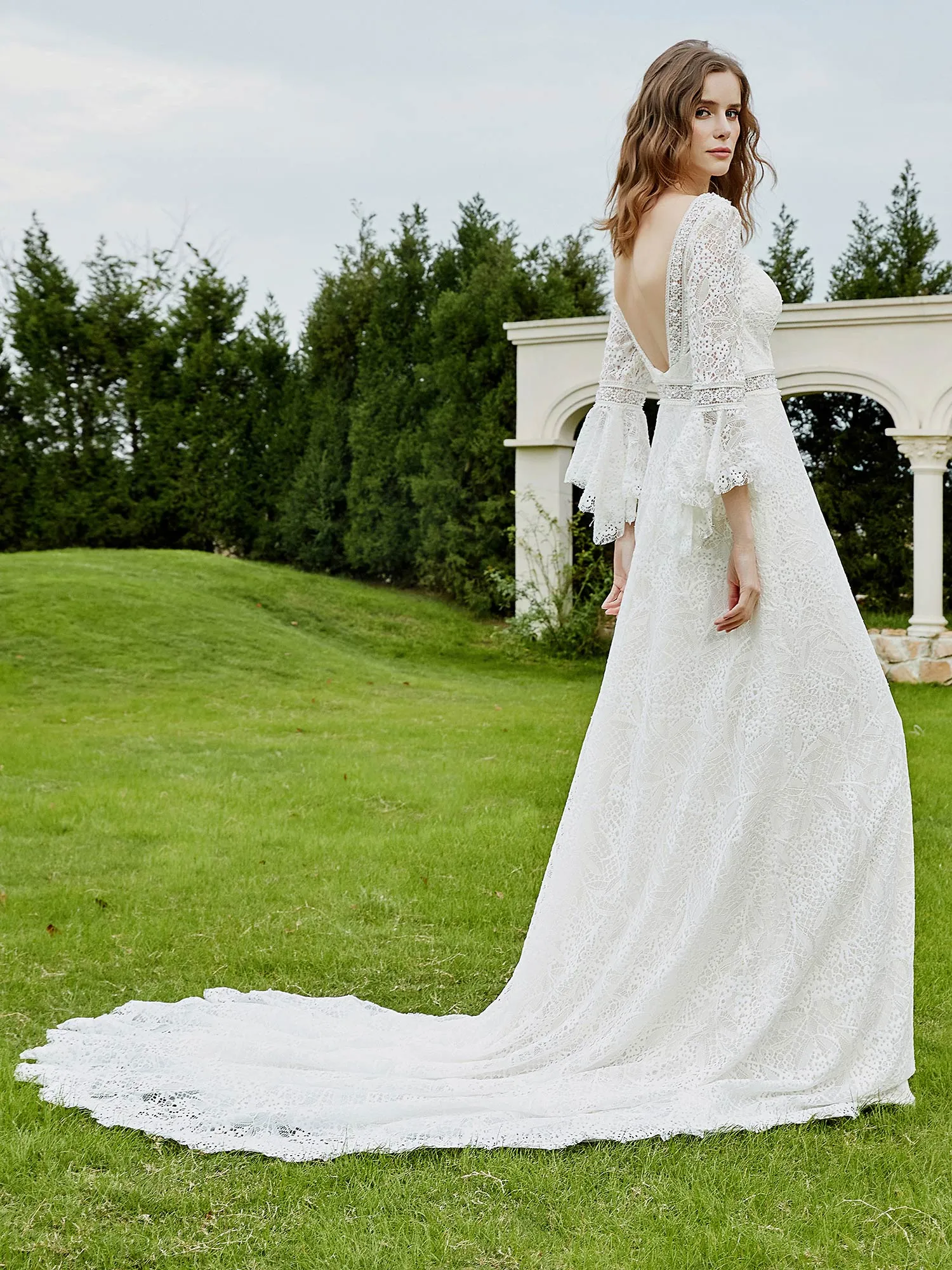 Illusion Neckline 3/4 Sleeves Lace A-line Wedding Dress-Champagne