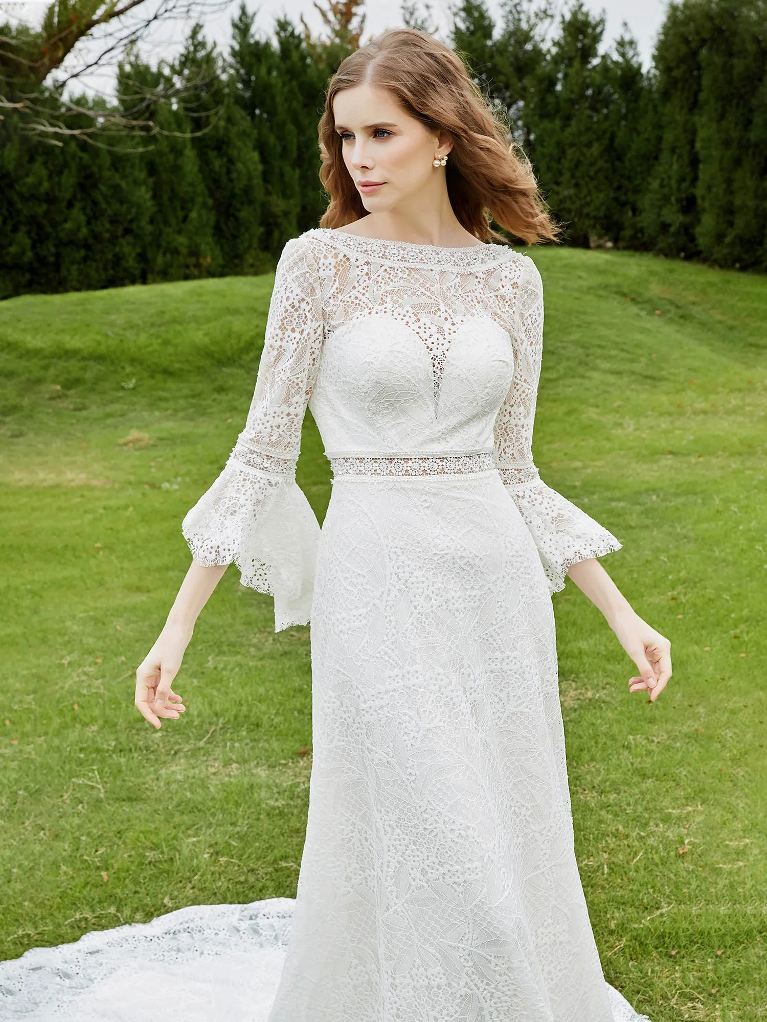 Illusion Neckline 3/4 Sleeves Lace A-line Wedding Dress-Champagne