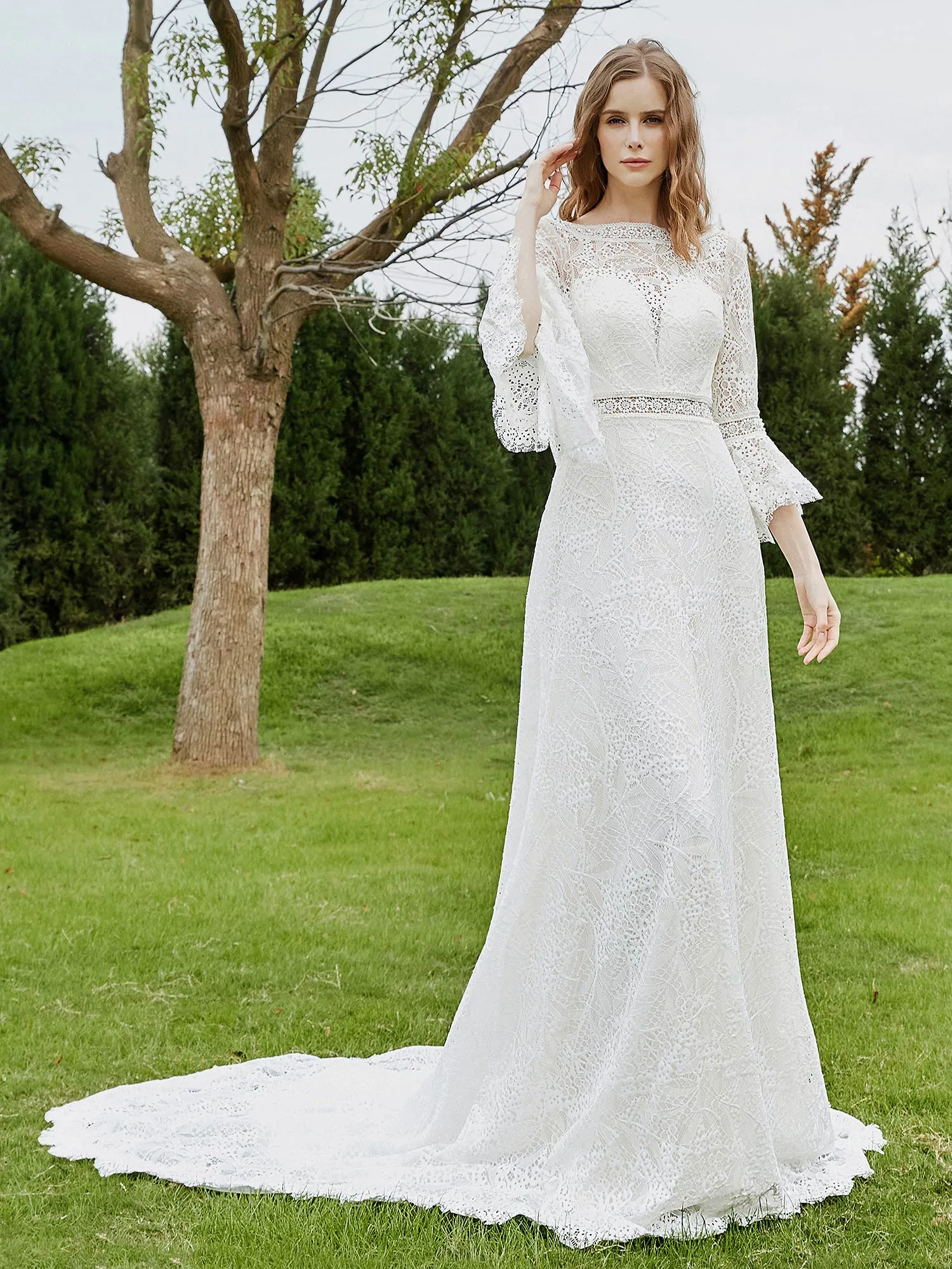 Illusion Neckline 3/4 Sleeves Lace A-line Wedding Dress-Champagne