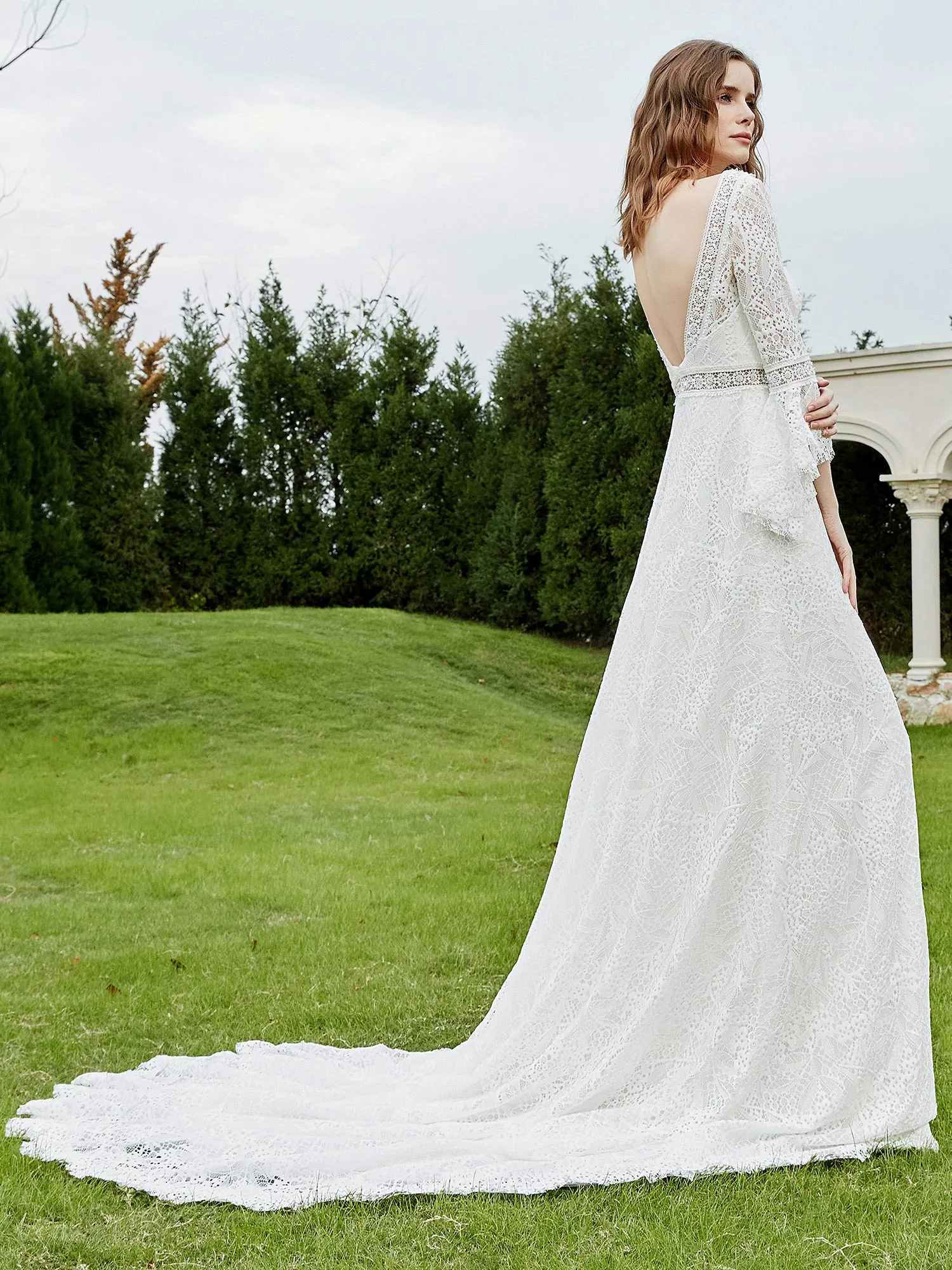 Illusion Neckline 3/4 Sleeves Lace A-line Wedding Dress-Champagne