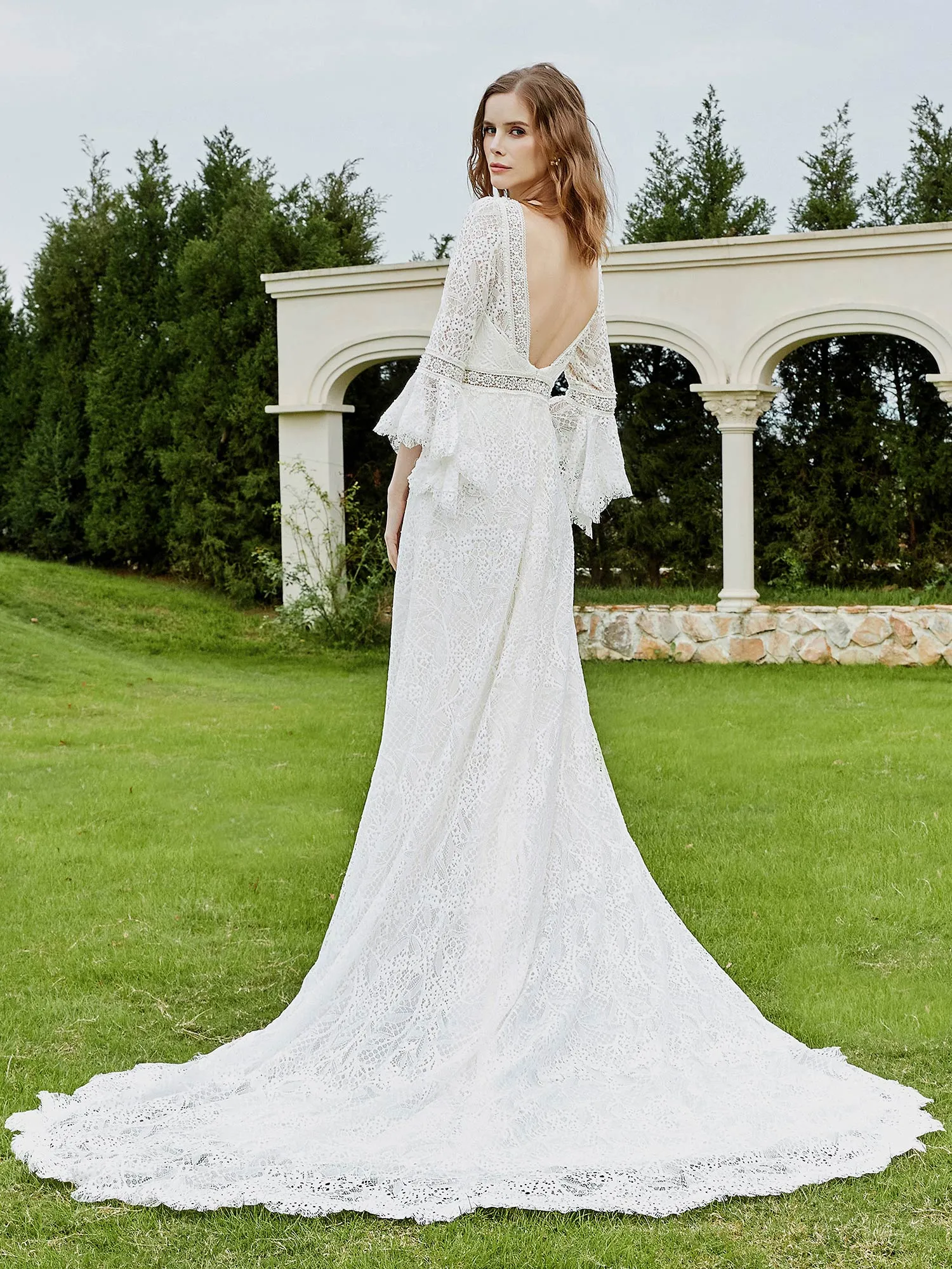 Illusion Neckline 3/4 Sleeves Lace A-line Wedding Dress-Champagne