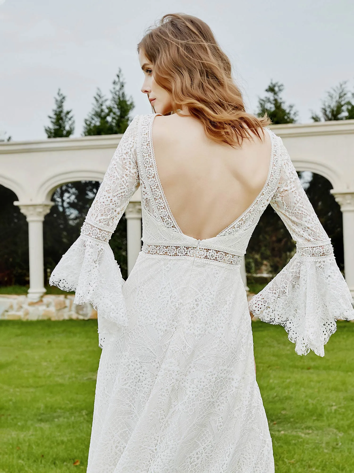 Illusion Neckline 3/4 Sleeves Lace A-line Wedding Dress-Champagne