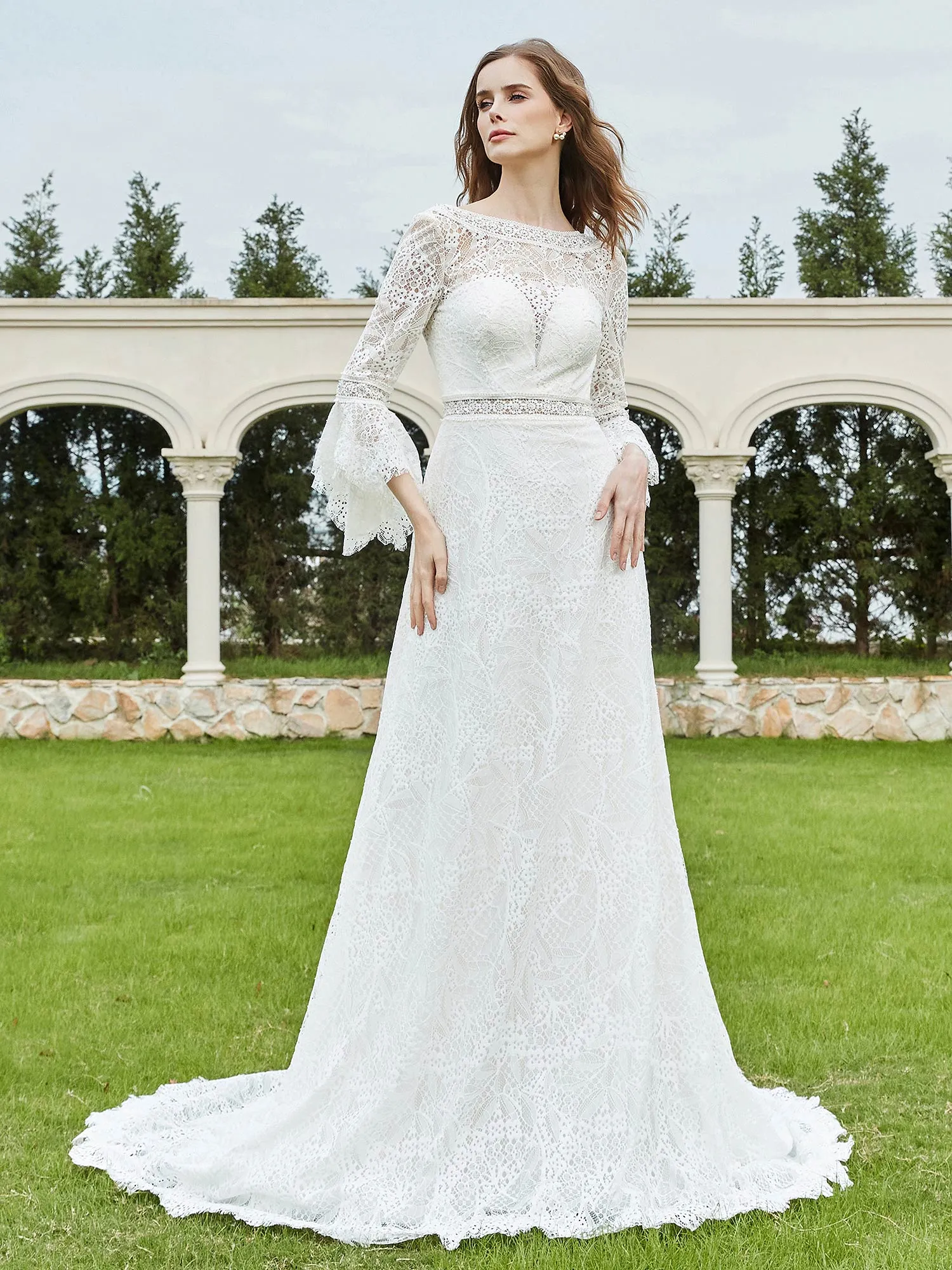 Illusion Neckline 3/4 Sleeves Lace A-line Wedding Dress-Champagne