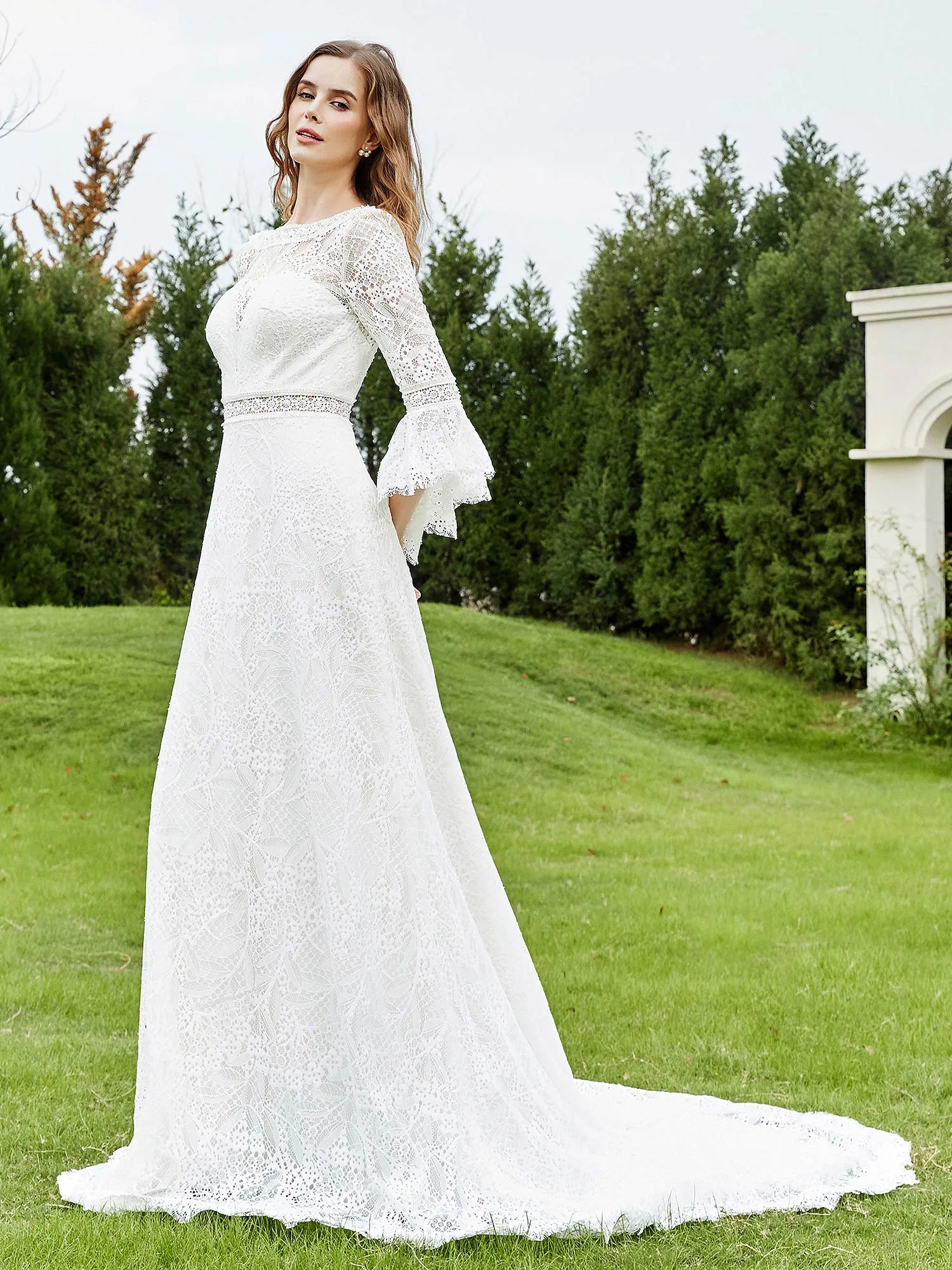 Illusion Neckline 3/4 Sleeves Lace A-line Wedding Dress-Champagne