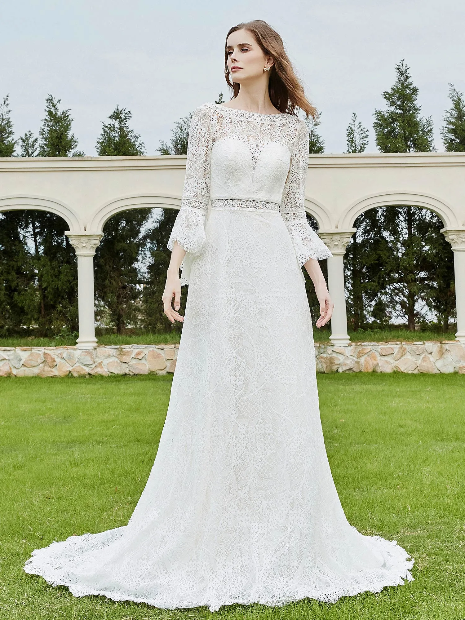 Illusion Neckline 3/4 Sleeves Lace A-line Wedding Dress-Champagne