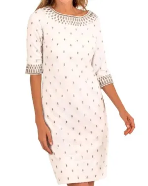 Jersey Embroidered Dress in White/Silver | White/Silver