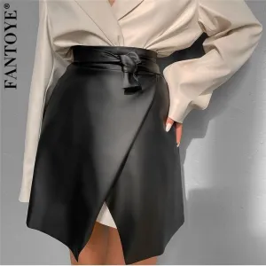 Joskaa High Waist PU Leather Bandage Skirts Women 2024 New Asymmetry Split Mini A Line Skirt Fashion Black Bodycon Streetwear