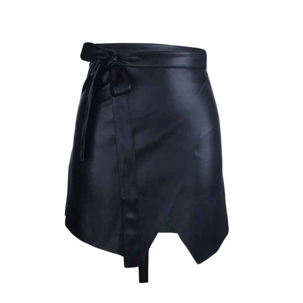 Joskaa High Waist PU Leather Bandage Skirts Women 2024 New Asymmetry Split Mini A Line Skirt Fashion Black Bodycon Streetwear