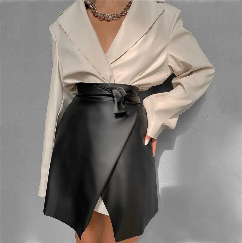 Joskaa High Waist PU Leather Bandage Skirts Women 2024 New Asymmetry Split Mini A Line Skirt Fashion Black Bodycon Streetwear