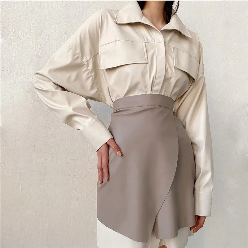 Joskaa High Waist PU Leather Bandage Skirts Women 2024 New Asymmetry Split Mini A Line Skirt Fashion Black Bodycon Streetwear