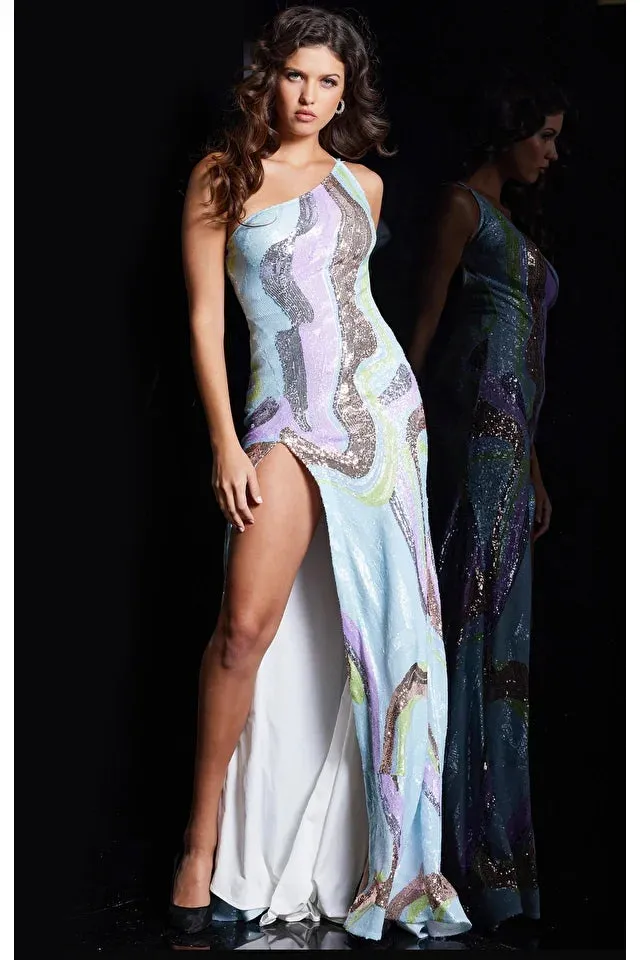 Jovani 37359 Long Prom Dress Fitted One Shoulder Sequin High Slit Train Formal Pageant Gown