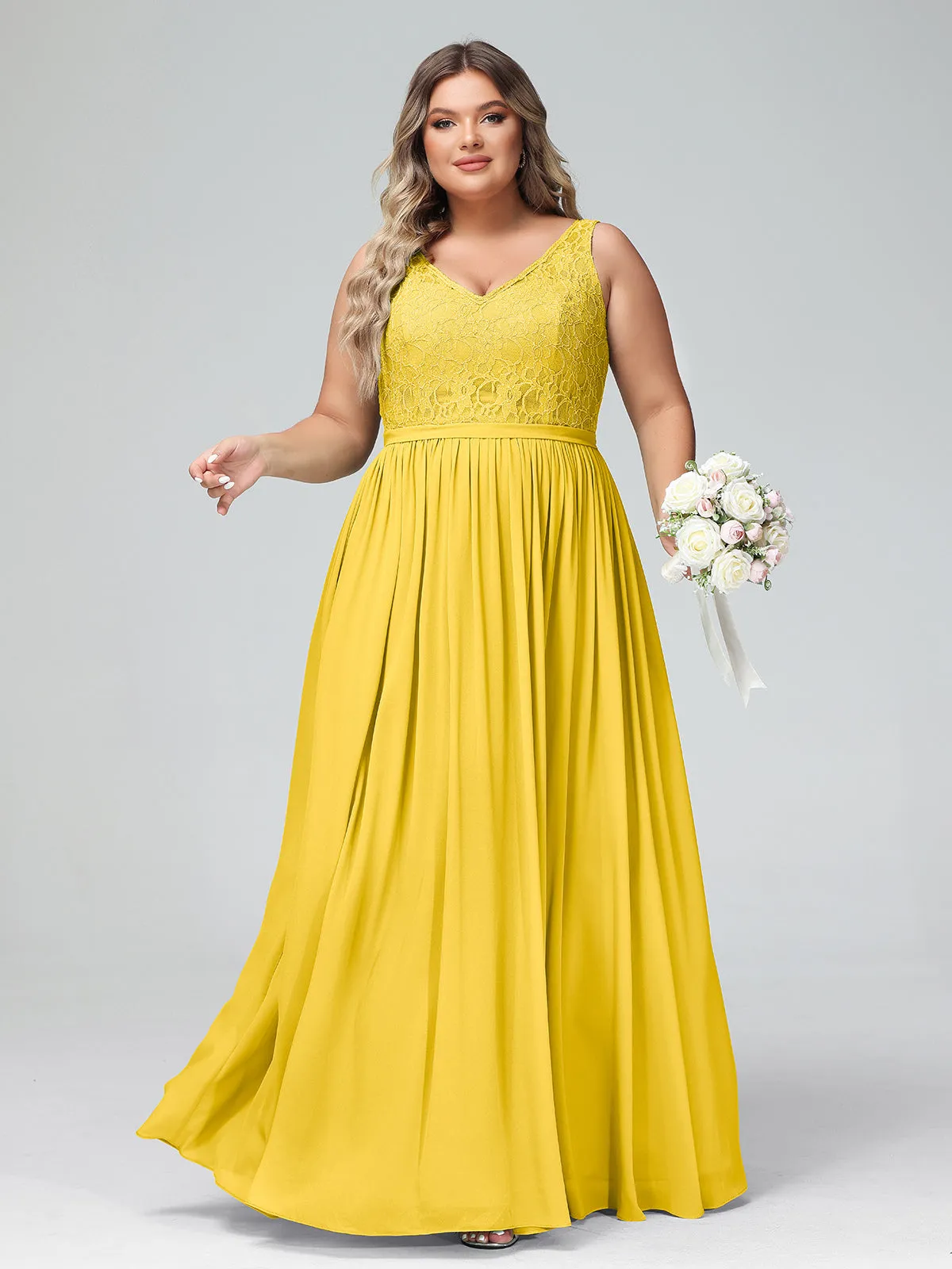 Lace Top and Chiffon Bottom Long Dresses Marigold