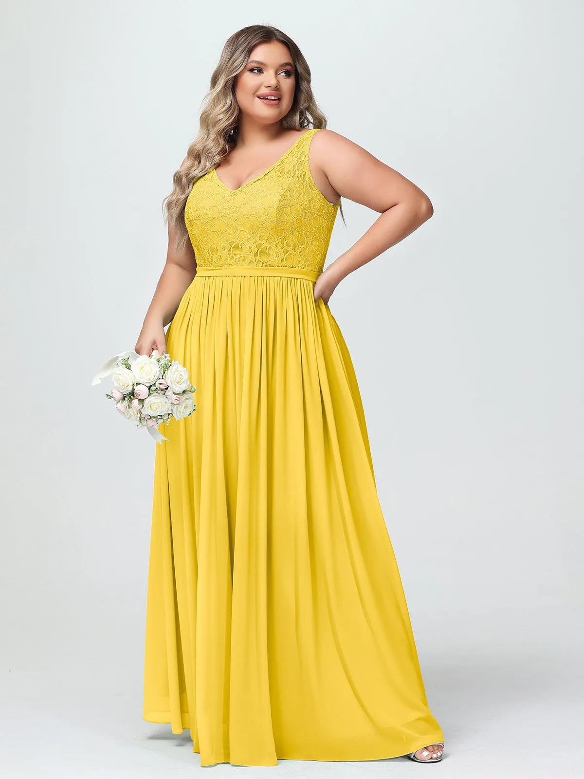 Lace Top and Chiffon Bottom Long Dresses Marigold
