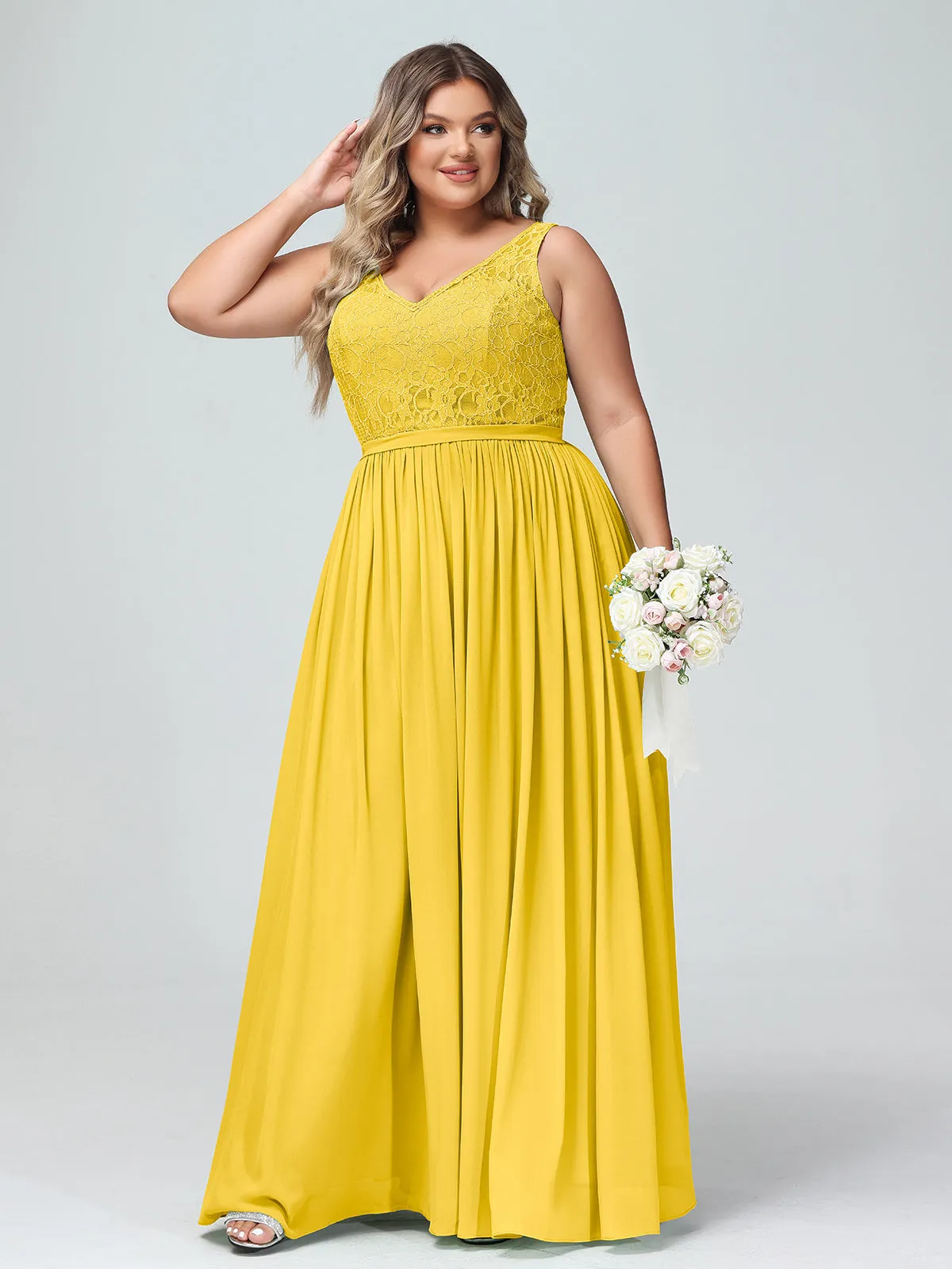 Lace Top and Chiffon Bottom Long Dresses Marigold