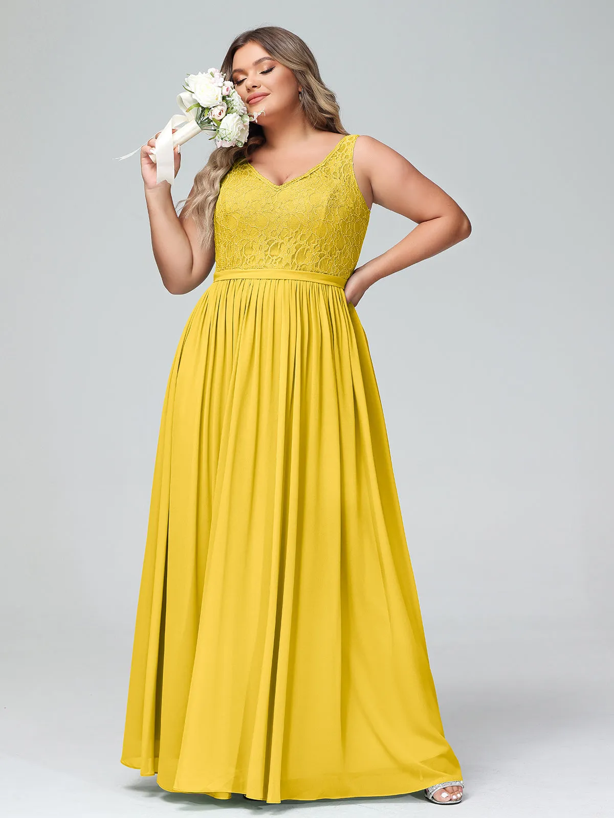 Lace Top and Chiffon Bottom Long Dresses Marigold