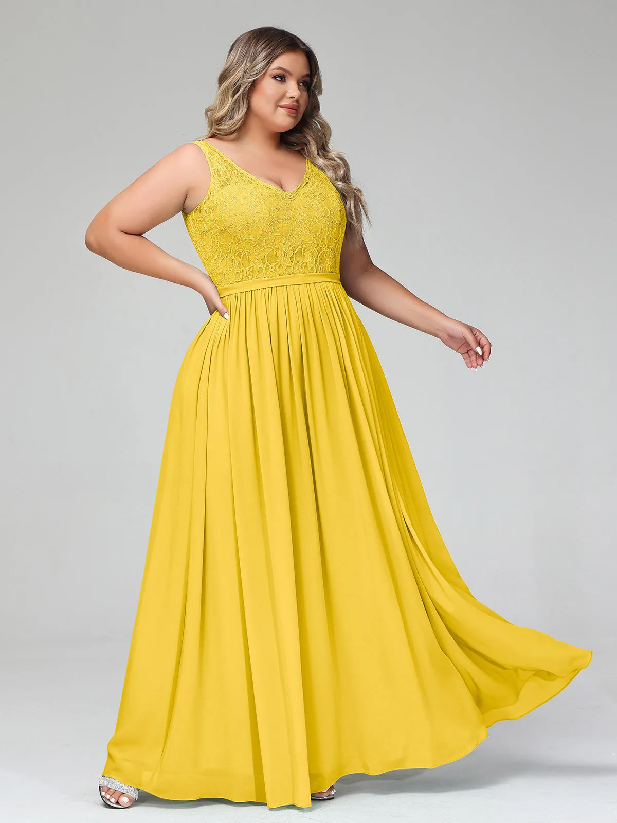 Lace Top and Chiffon Bottom Long Dresses Marigold