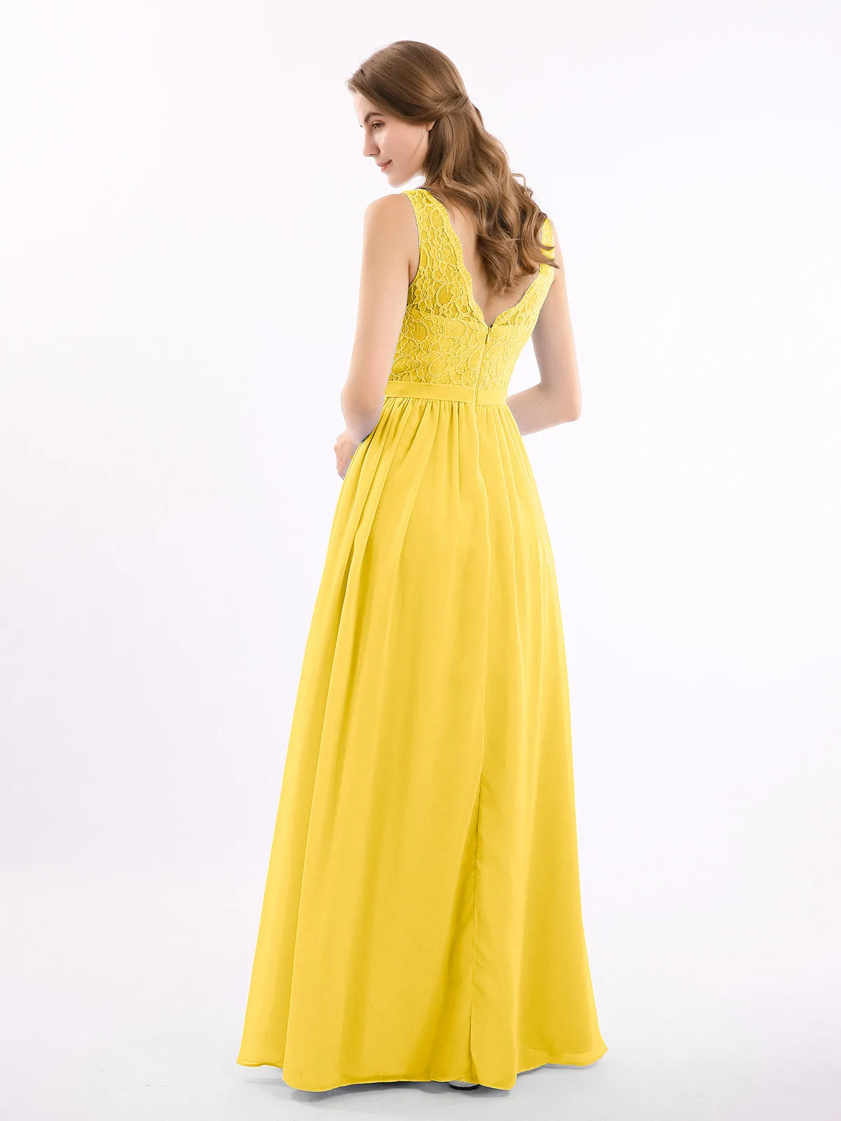 Lace Top and Chiffon Bottom Long Dresses Marigold