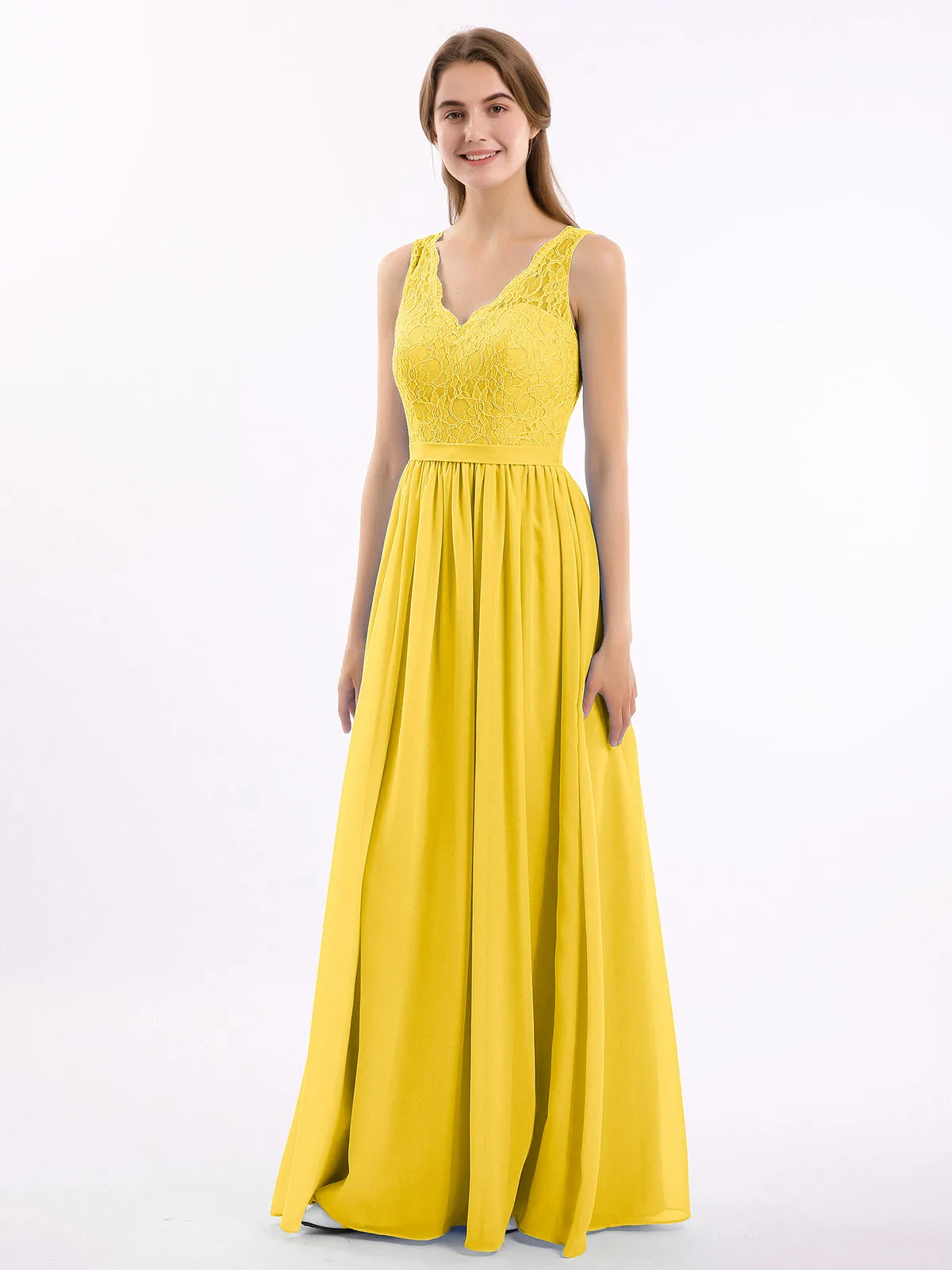 Lace Top and Chiffon Bottom Long Dresses Marigold