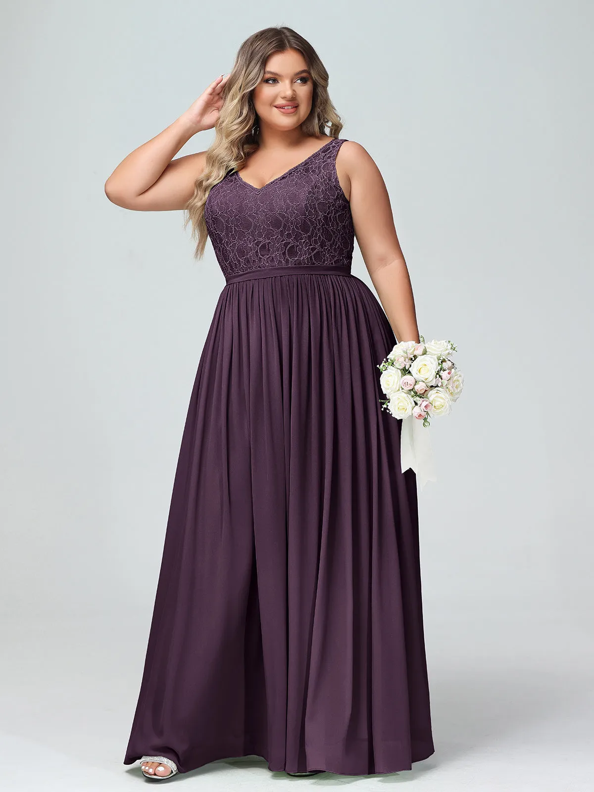 Lace Top and Chiffon Bottom Long Dresses Plum
