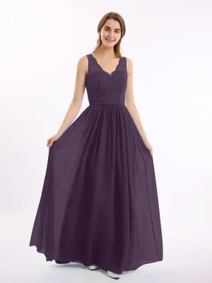 Lace Top and Chiffon Bottom Long Dresses Plum