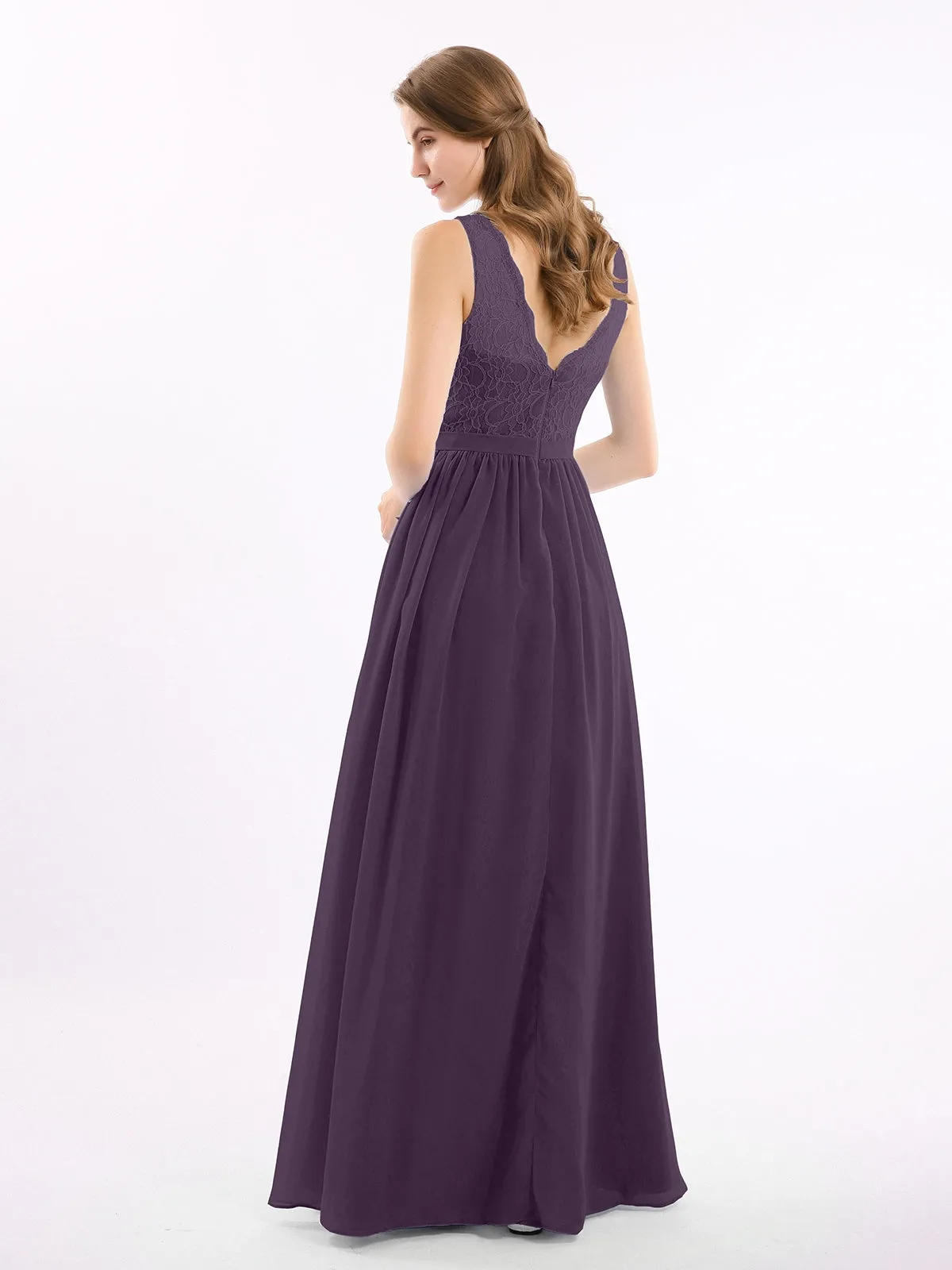 Lace Top and Chiffon Bottom Long Dresses Plum