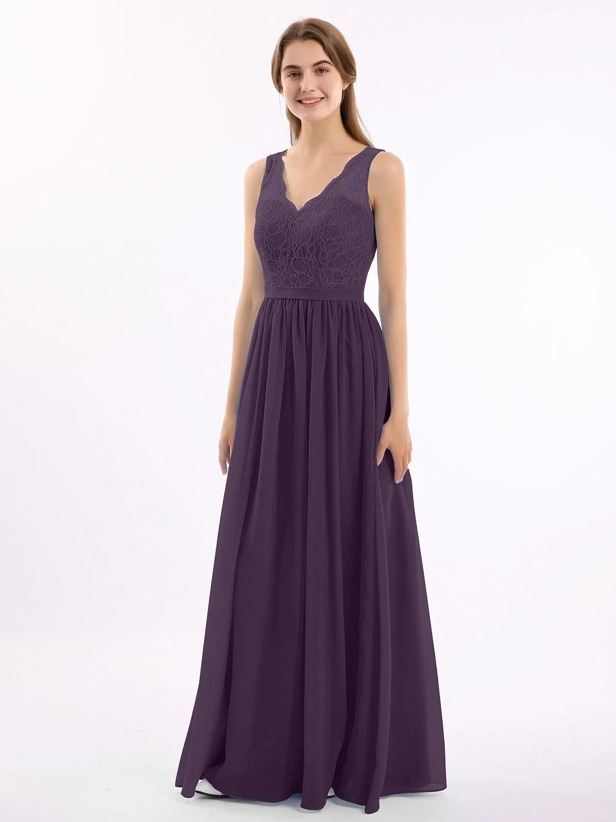 Lace Top and Chiffon Bottom Long Dresses Plum
