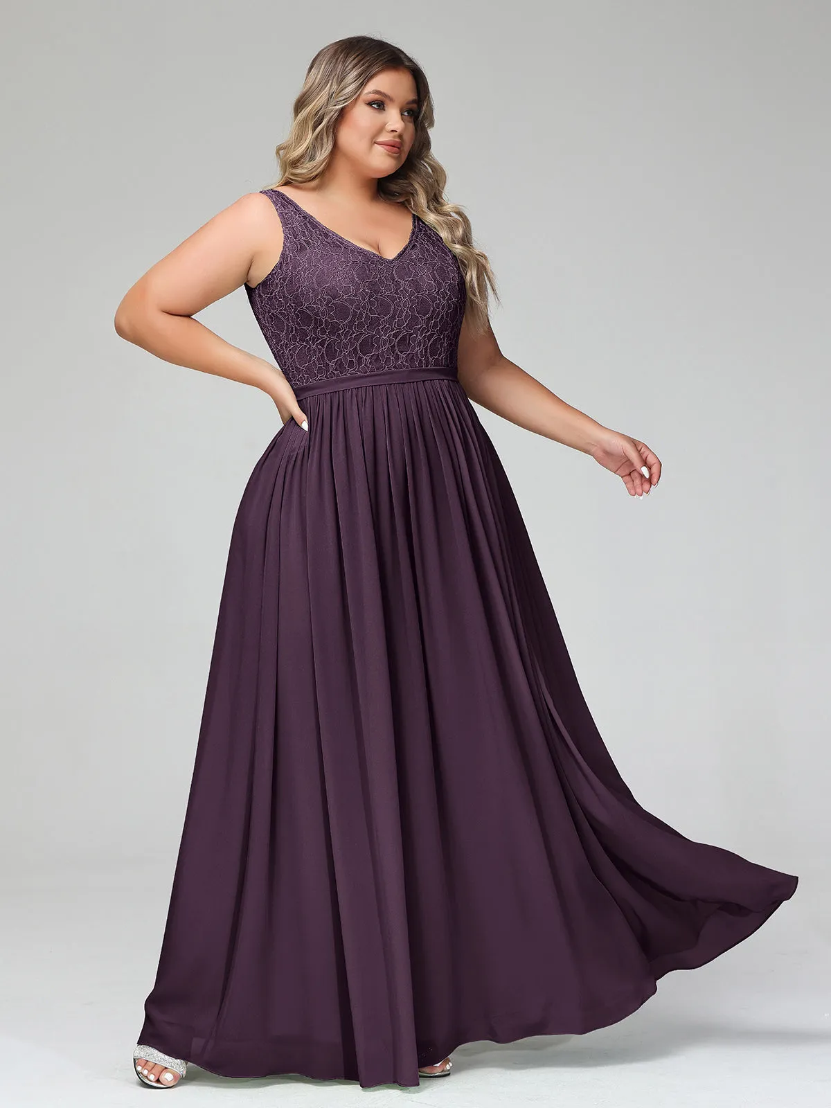 Lace Top and Chiffon Bottom Long Dresses Plum