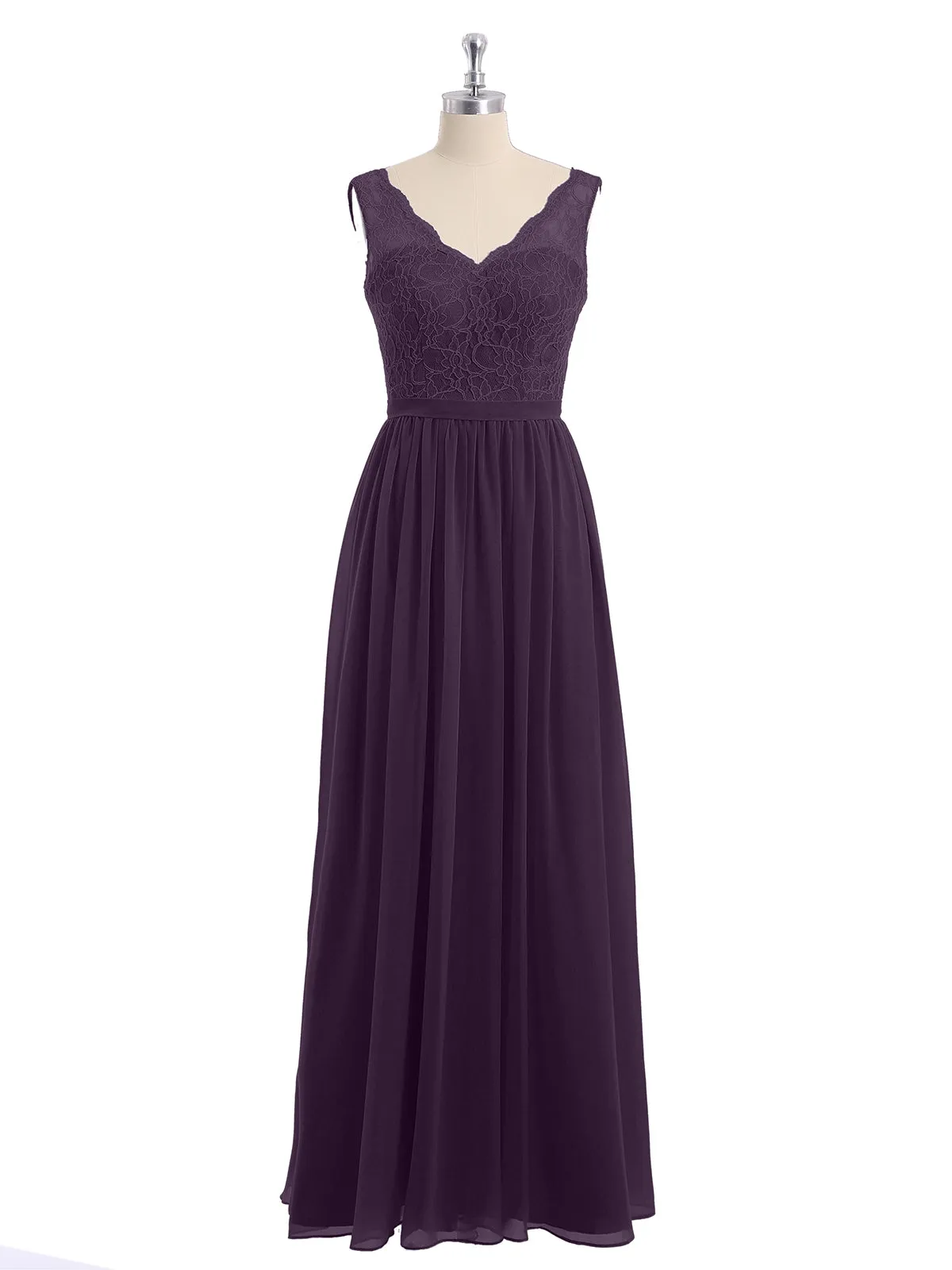 Lace Top and Chiffon Bottom Long Dresses Plum