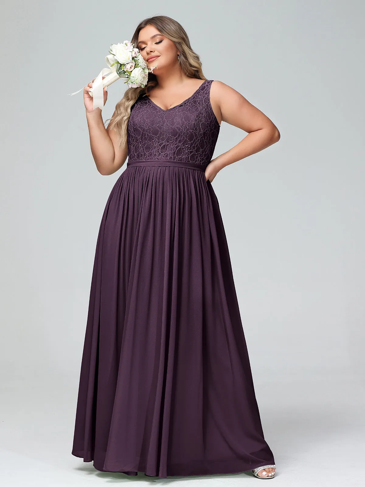 Lace Top and Chiffon Bottom Long Dresses Plum