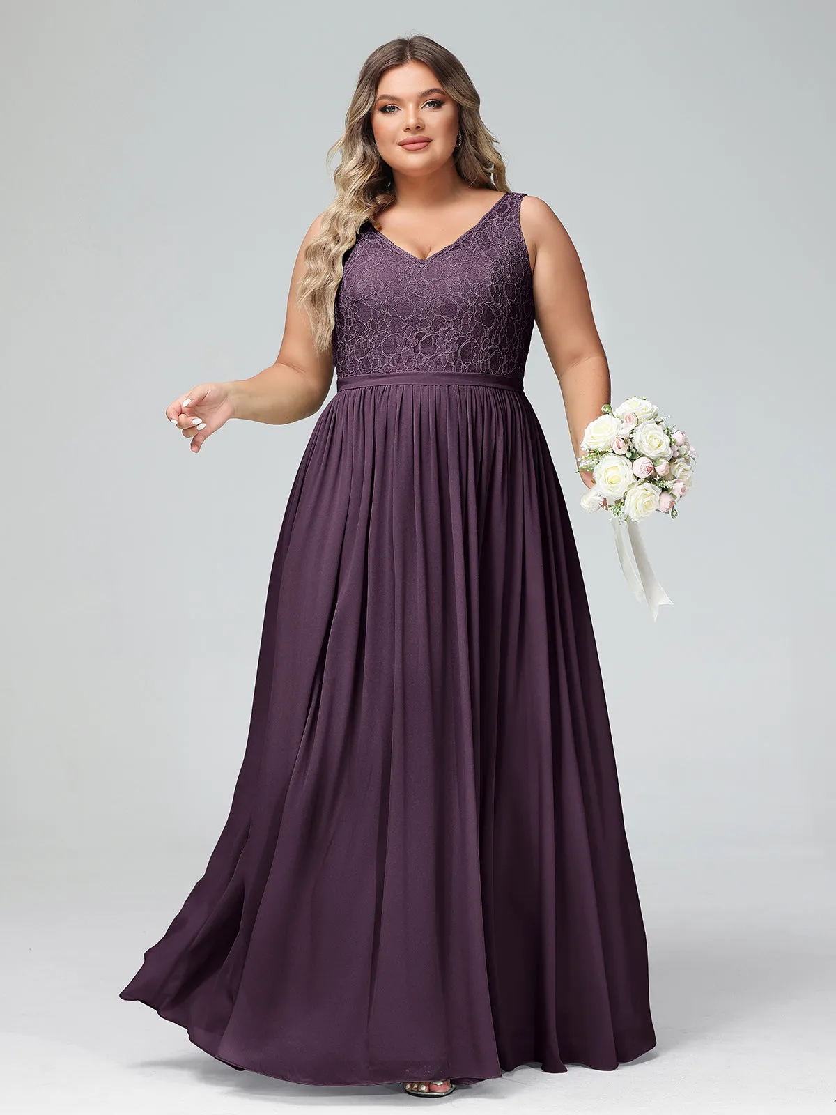 Lace Top and Chiffon Bottom Long Dresses Plum