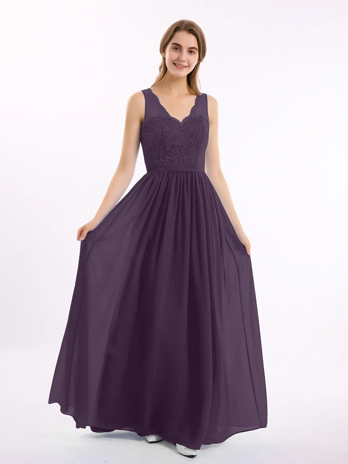 Lace Top and Chiffon Bottom Long Dresses Plum