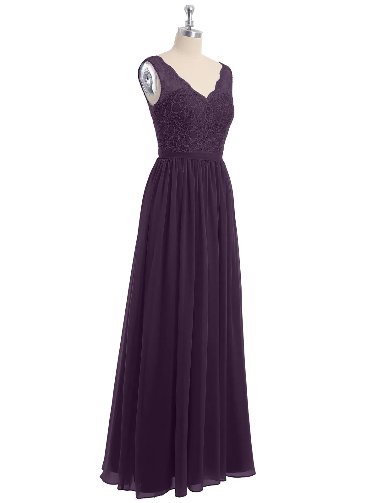 Lace Top and Chiffon Bottom Long Dresses Plum